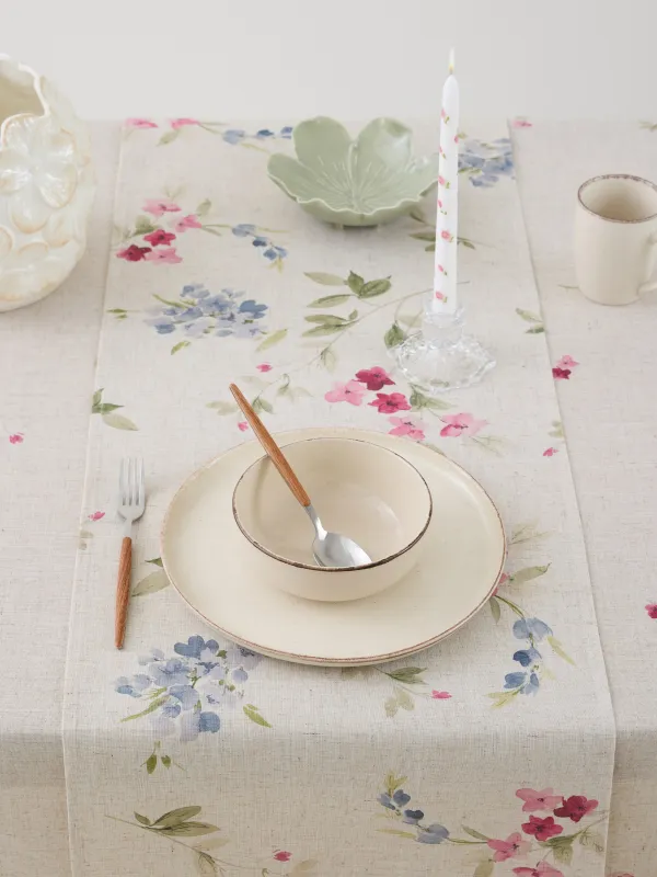 Table runner, 40x160 cm, polyester / linen, beige, Flowers, Colorful flowers, image-3