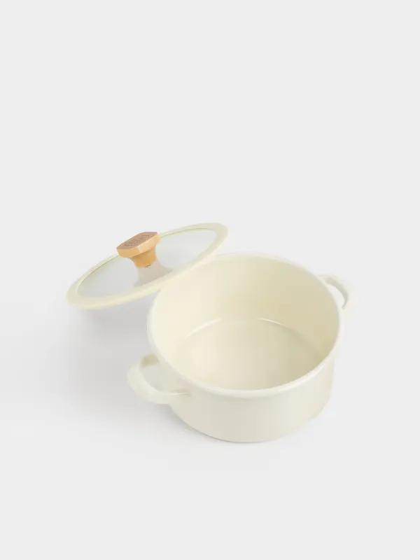 Pot, 20 cm, 2,9 l, with lid, enameled metal / wood, milky, Enamel wood, image-2