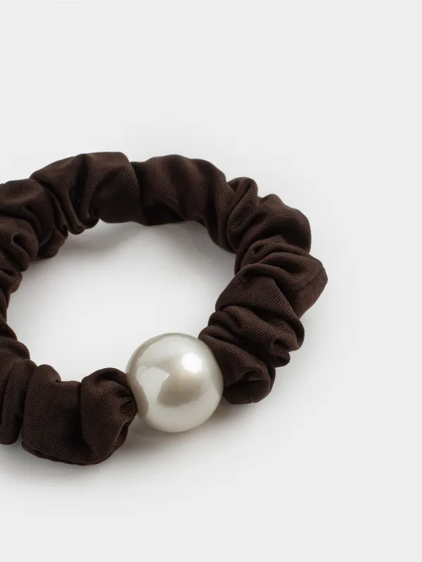 Hair tie, 6 cm, satin/plastic, brown, Bead, Silk, image-2