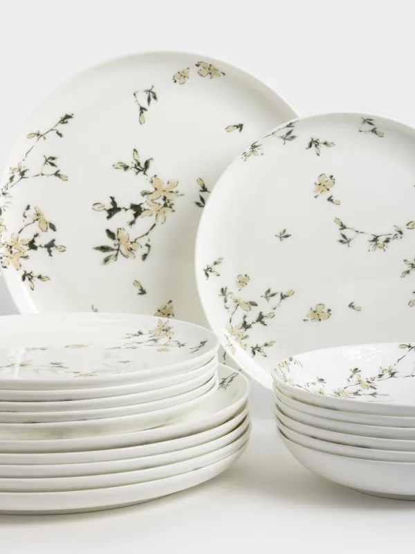 Dining set, 6 persons, 18 items, porcelain F, white, Flowers, Florin, image-1