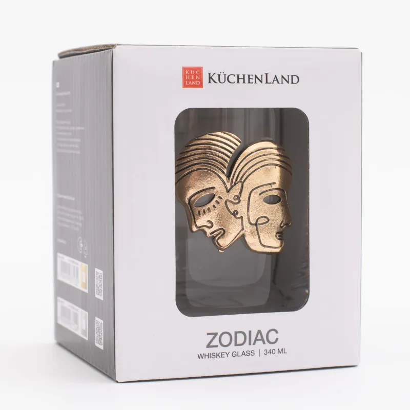 Whiskey glass, 10 cm, 340 ml, glass / metal, gold, Gemini, Zodiac, image-5
