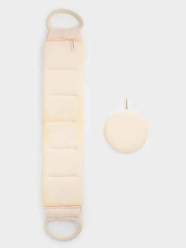 Shower set, 2 pcs, washcloth-tape/washcloth-sponge, nylon / cotton, beige, Unique spa, image-0