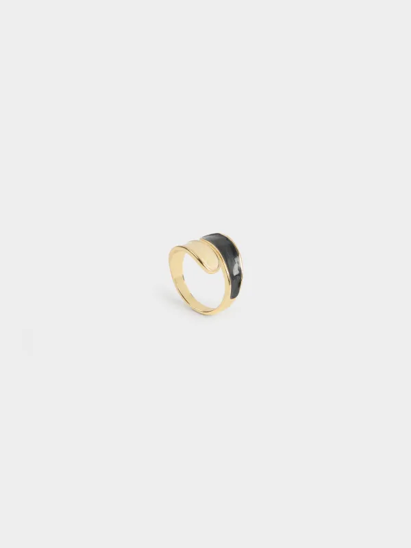 Ring, size S-M, single size, metal / acrylic, black and beige, Jewelry, image-0