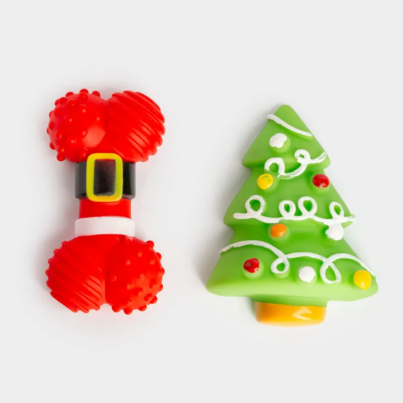 Dog toy set, 10 cm, 2 pcs, with squeaker, Rubber, Red / Green, Bone and Christmas Tree, Christmas pet
