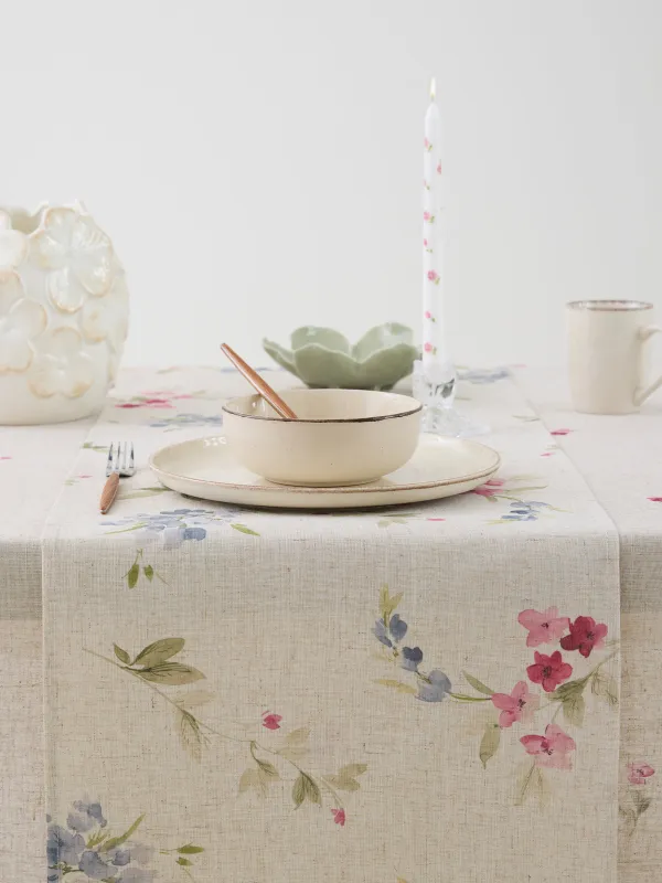 Table runner, 40x160 cm, polyester / linen, beige, Flowers, Colorful flowers, image-5