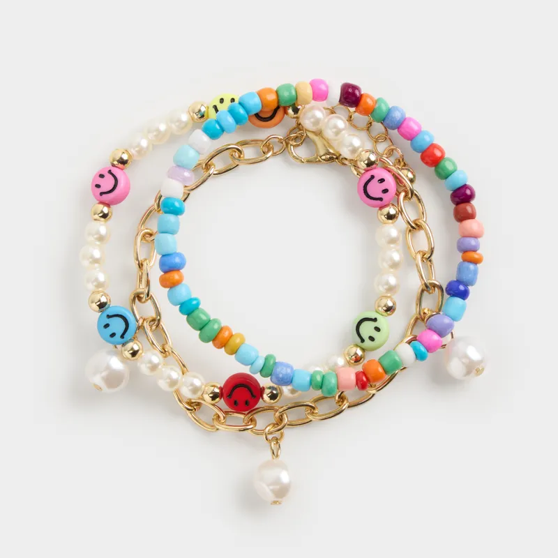 A bracelet, 18/20 cm, 3 pcs, plastic / metal, mix, emoticons and pearls, Pearl color