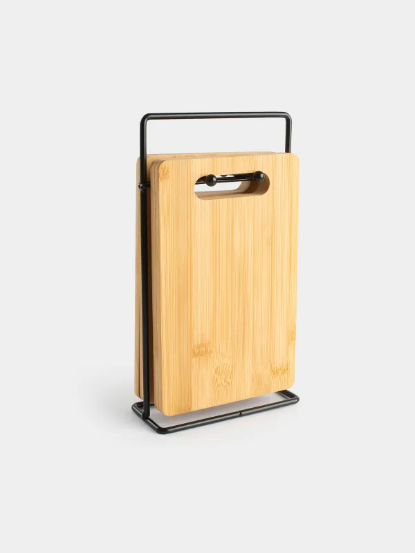 Cutting board, 22x14 cm, 4 pcs, on a stand, bamboo / steel, rectangular, Bamboo, image-0
