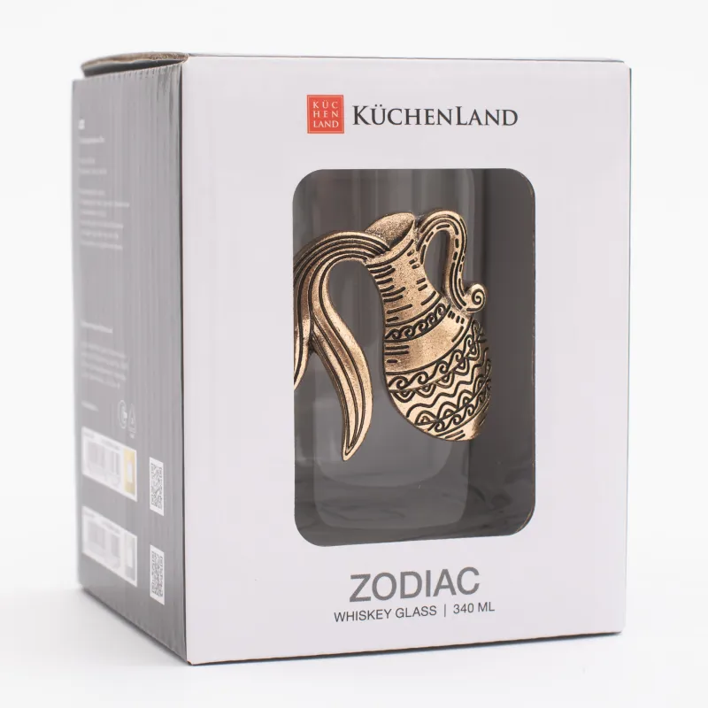 Whiskey glass, 10 cm, 340 ml, glass / metal, golden, Aquarius, Zodiac, image-5