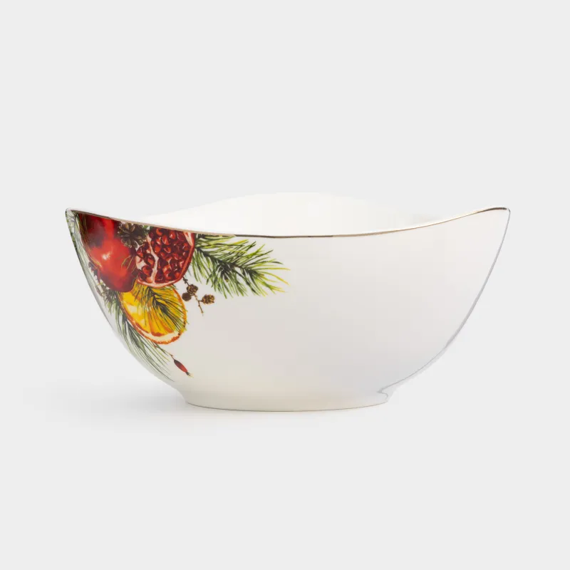 Salad bowl, 21x11 cm, 1.8 l, porcelain N, white, with golden edging, Pomegranates and orange, Christmas miracle