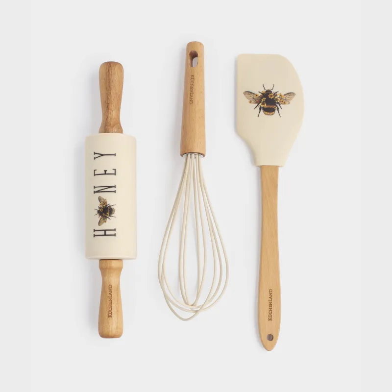 Baking set, 3 items, spatula /whisk/Rolling pin, silicone / wood, beige, Bumblebee, Honey