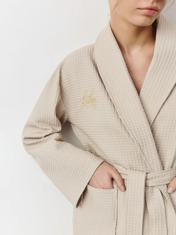 Women's robe, homewear, size L, with long sleeves, waffle, cotton, milky, Lucky, Stefani, image-2