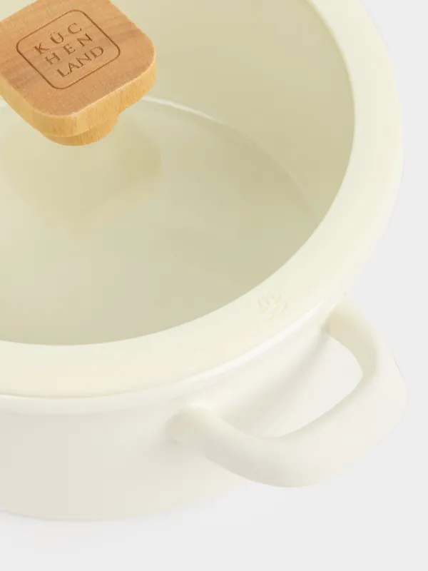 Pot, 20 cm, 2,9 l, with lid, enameled metal / wood, milky, Enamel wood, image-4