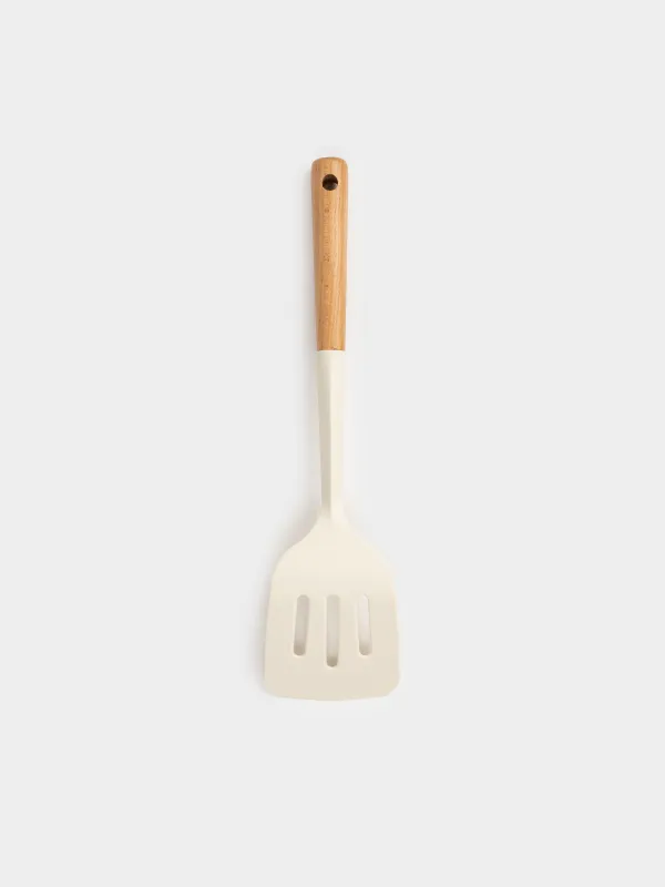 Spatula, 32 cm, with slots, silicone/wood, milky, Legerity, image-1