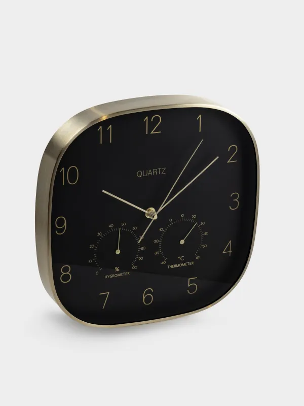 Wall clock, 30 cm, with thermometer and hygrometer, metal / glass, black, Dial, image-1
