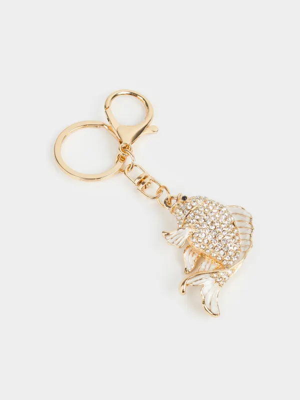 Keychain, 12 cm, metal / rhinestones, gold, Fish, Keychain crystal, image-4
