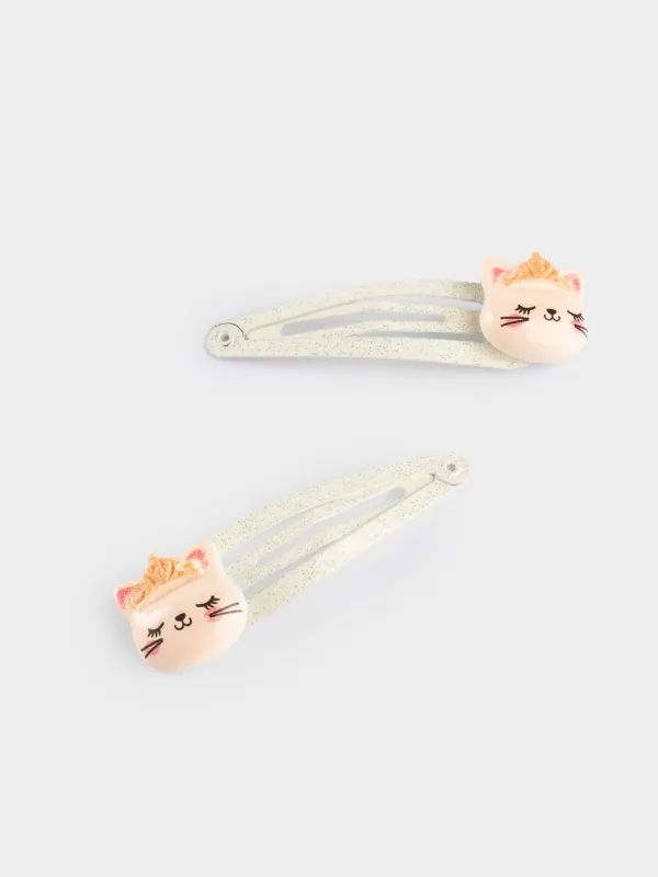 Hair clip, 4 cm, 2 pcs, metal, milky gold, Cat with crown, Cat, image-1
