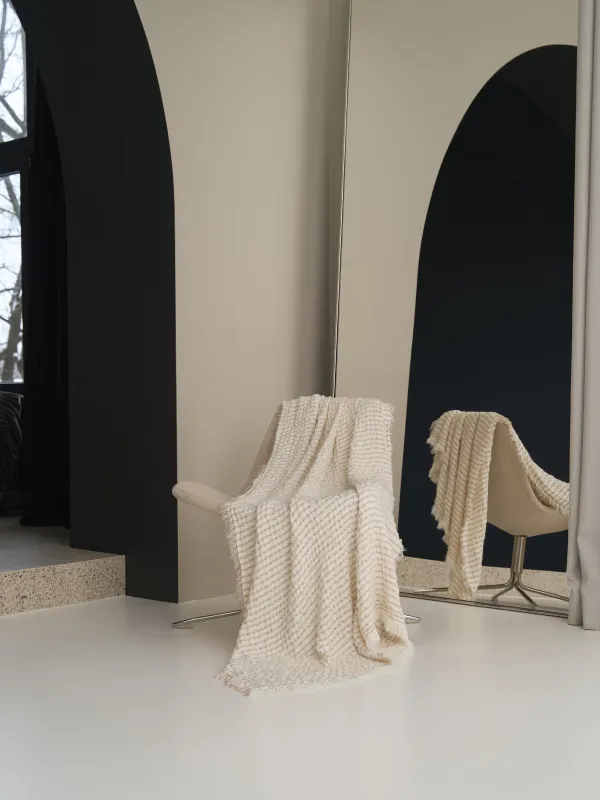 Plaid, 130x170 cm, with fringe, acrylic / polyester, milky beige, Stripes, acrylic, image-2