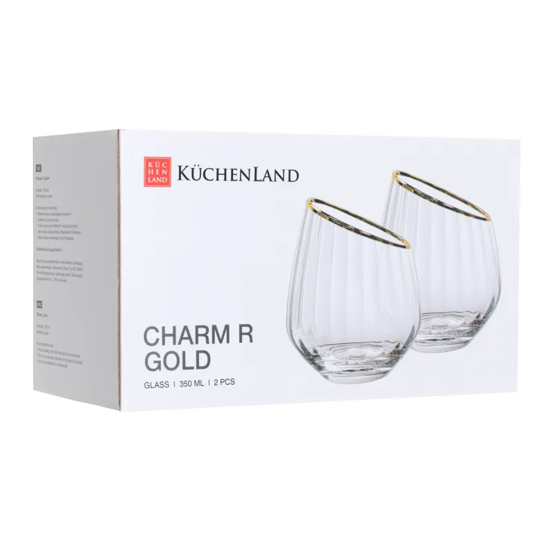 Glass, 11 cm, 350 ml, 2 pcs, glass, with golden edging, Charm R gold, image-2