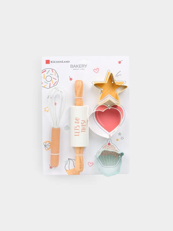 Baking set, 5 items, Rolling pin/whisk /molds, silicone / steel / wood, Shapes, Bakery, image-4