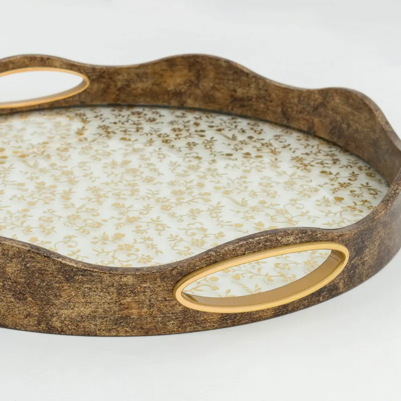 Tray, 35 cm, plastic / glass, round, Golden, Flowers, Floral, image-5