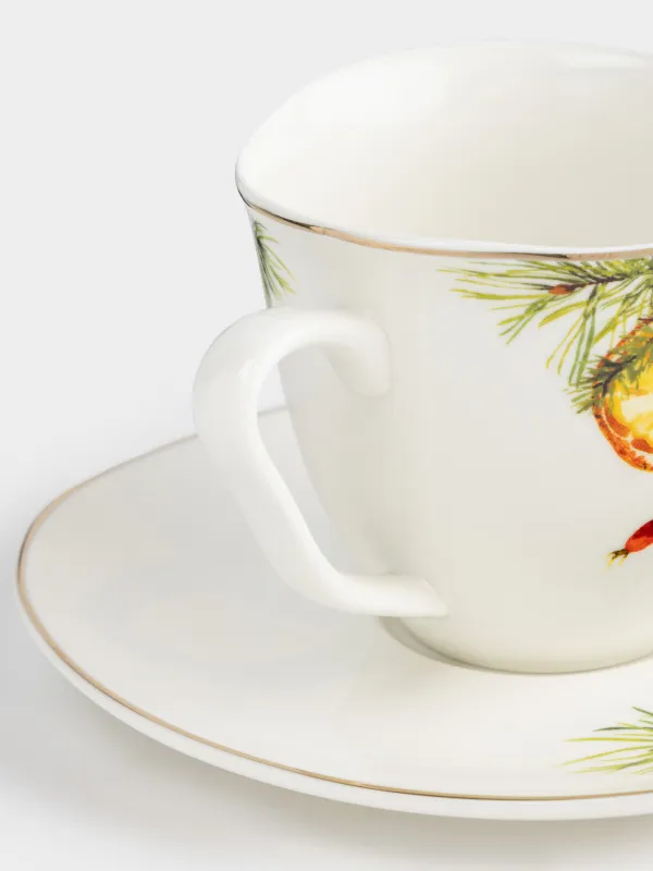 Tea pair, 1 person, 2 items, 250 ml, porcelain N, white, with golden edging, Pomegranates and orange, Christmas miracle, image-4