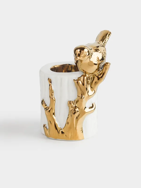 Toothpick stand, 8 cm, ceramic, milky gold, Bird on a branch, Paradise garden, image-0