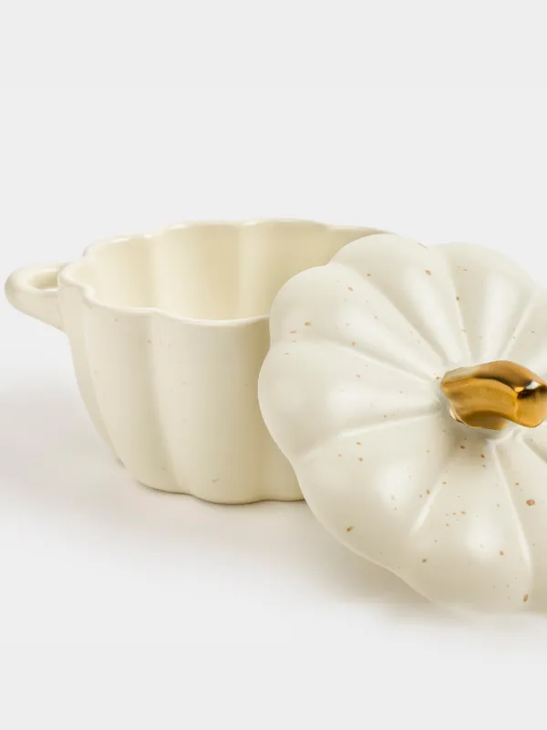 Cocotte, 11 cm, 340 ml, with lid, ceramic, milky golden, speckled, Pumpkin, Gourd, image-4
