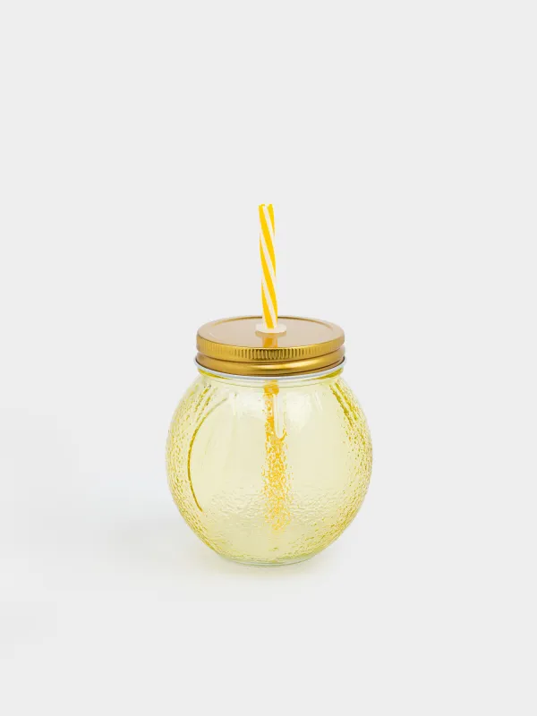 Beverage can, 450 ml, with lid and straw, glass / metal, yellow, Summer drink, image-0