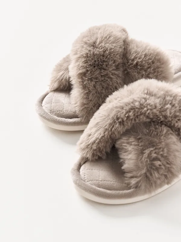 Women's slippers, homewear, size 38-39, polyester, brown, Tape, image-2