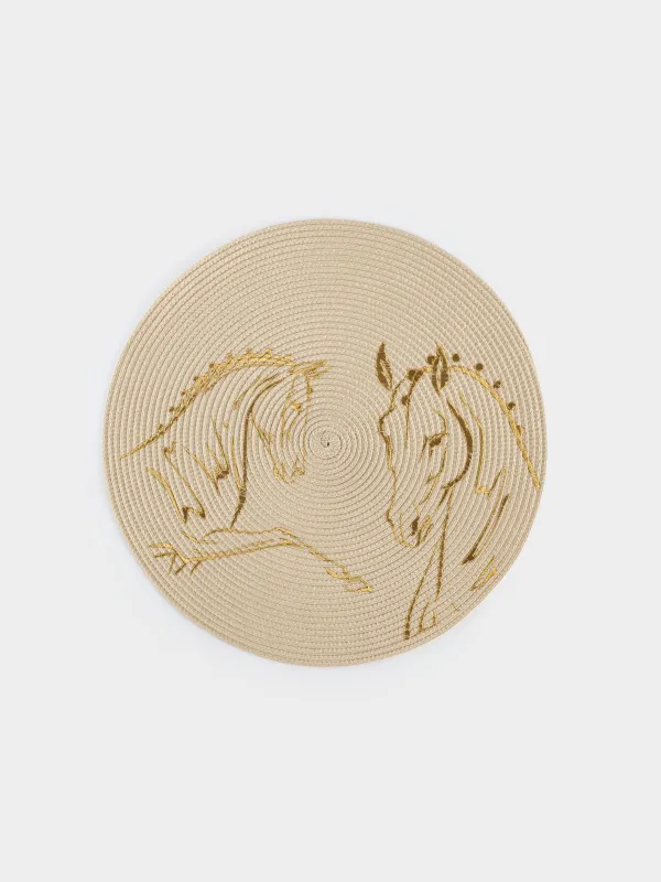 Placemat, 38 cm, polyester, round, milky, Horses, Circle embroidery, image-0