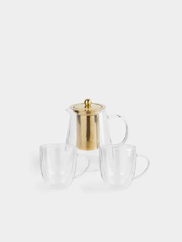 Tea set, 2 persons, 3 items, B glass / steel, golden, Air, image-0