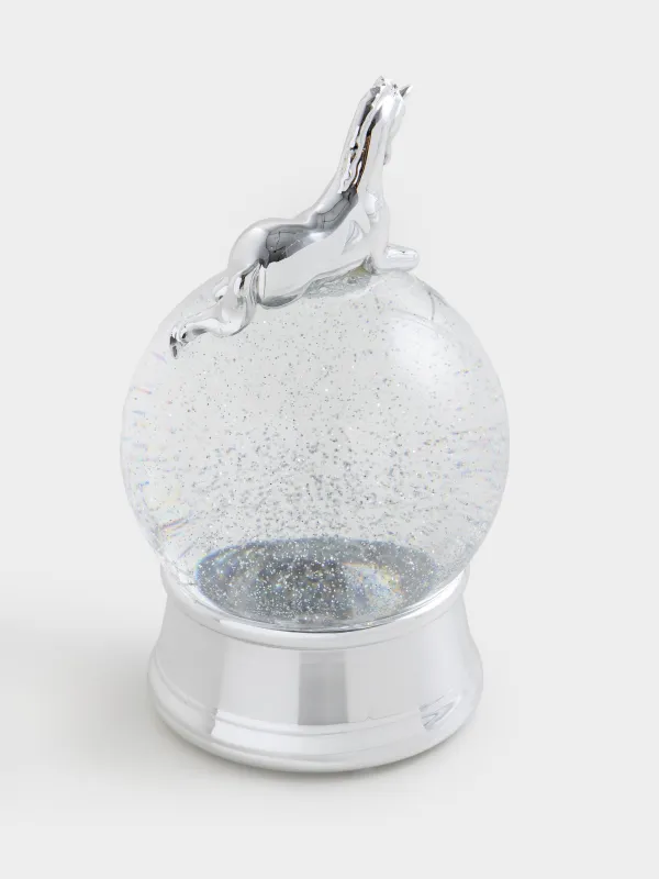 Snow lantern, 21 cm, illuminated, plastic, silver, Horse on a ball, Silver style, image-2