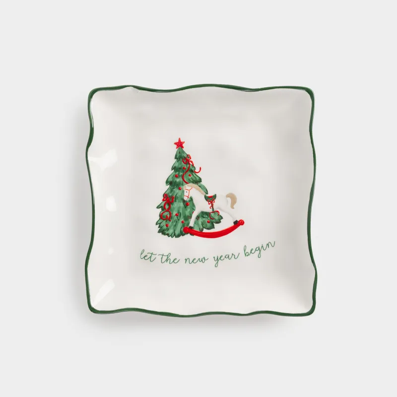 Dish, 22x22 cm, ceramic, square, Horse with Christmas tree, Christmas green