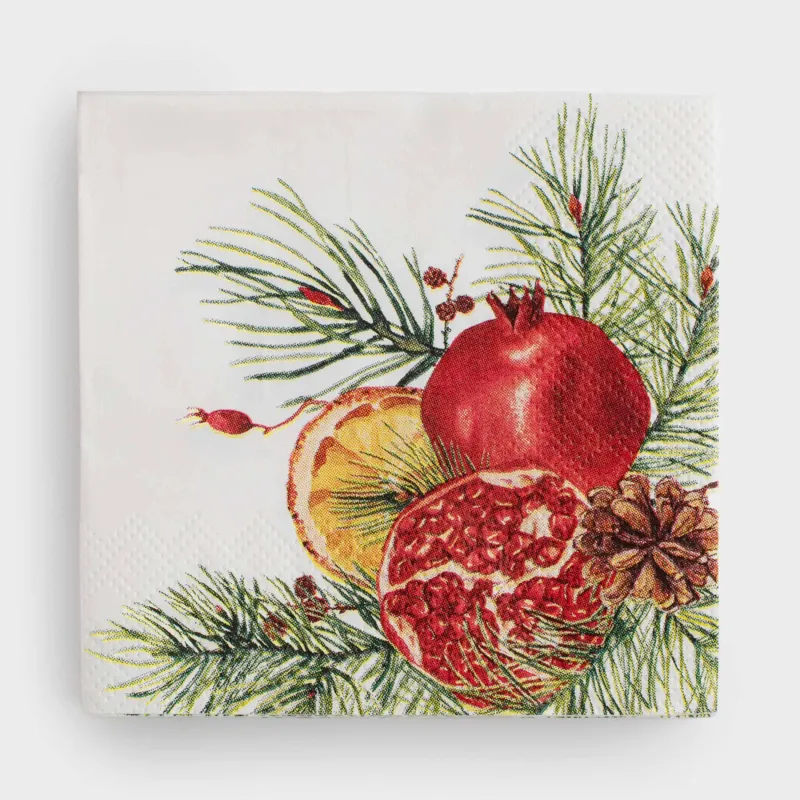 Paper napkins, 21x21 cm, 20 pcs, square, milky, Pomegranates and orange, Christmas miracle