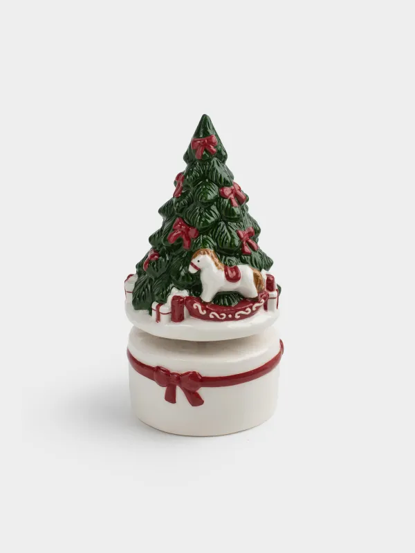 Statuette, musical, 15 cm, wind-up, ceramic, Bear and horse by the fir tree, Christmas traditions, image-3