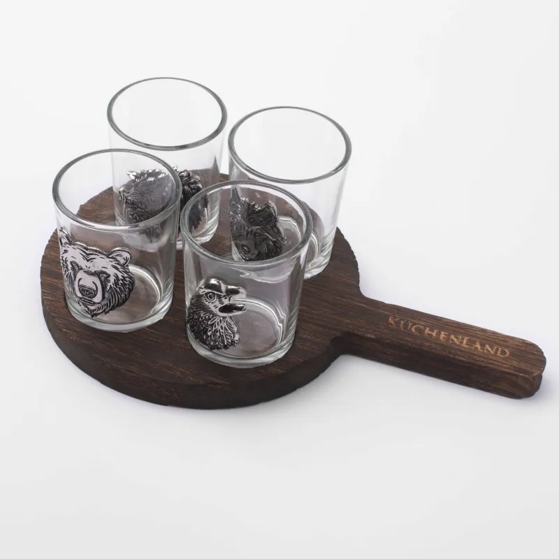 Drinking glass, 80 ml, 4 pcs, on a stand, glass/metal/tree, Eagle and beasts, Lux elements decor, image-1