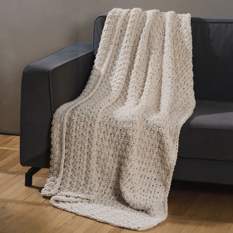 Plaid, 127x152 cm, knitted, polyester, Ivory, Neutral