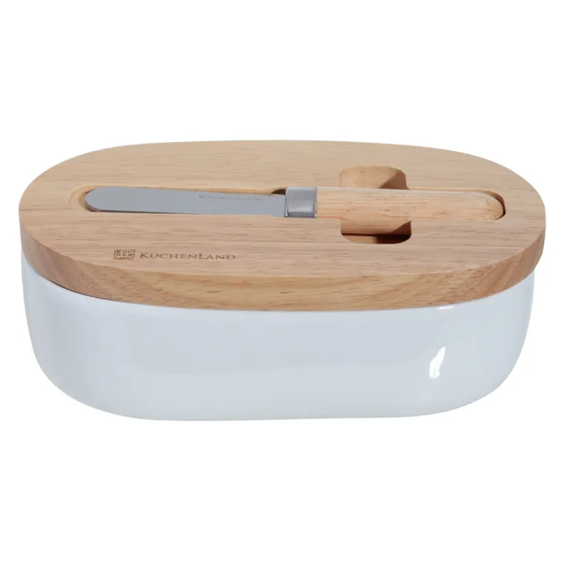 Butter dish, 15 cm, with knife, porcelain N / wood, oval, Light kitchen, image-1