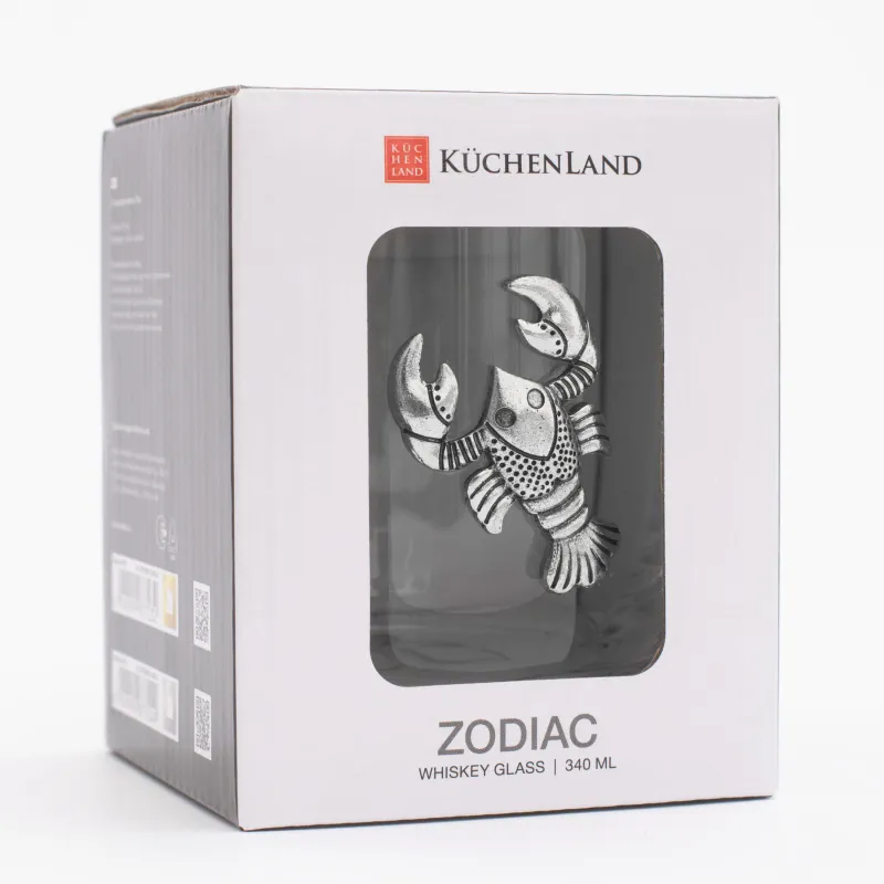 Whiskey glass, 10 cm, 340 ml, glass / metal, silver, Cancer, Zodiac, image-5