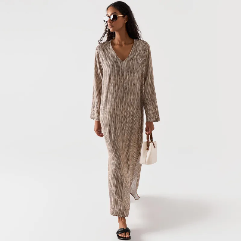 Women's dress, maxi, size L, with long sleeves, viscose, beige, Geometric Pattern, Emri