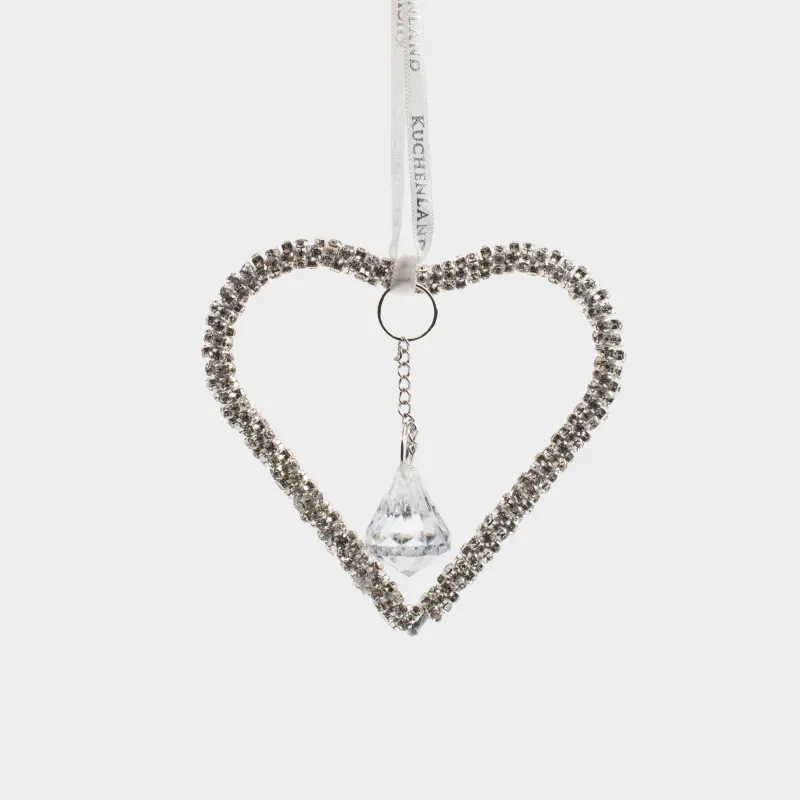 Christmas tree toy, 8 cm, acrylic / metal, Silver, Heart with crystal, Ice crystal