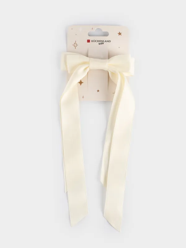 Hair clip, 24 cm, for children, satin / metal, milky, Bow, Silk, image-4