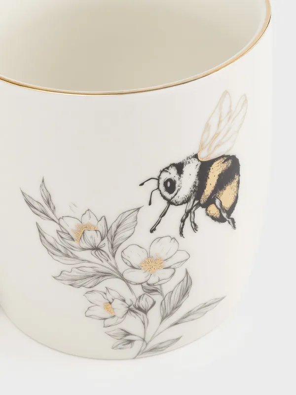 Mug, 380 ml, porcelain N, white, with golden edging, Bumblebee with flower, Bugs, image-2