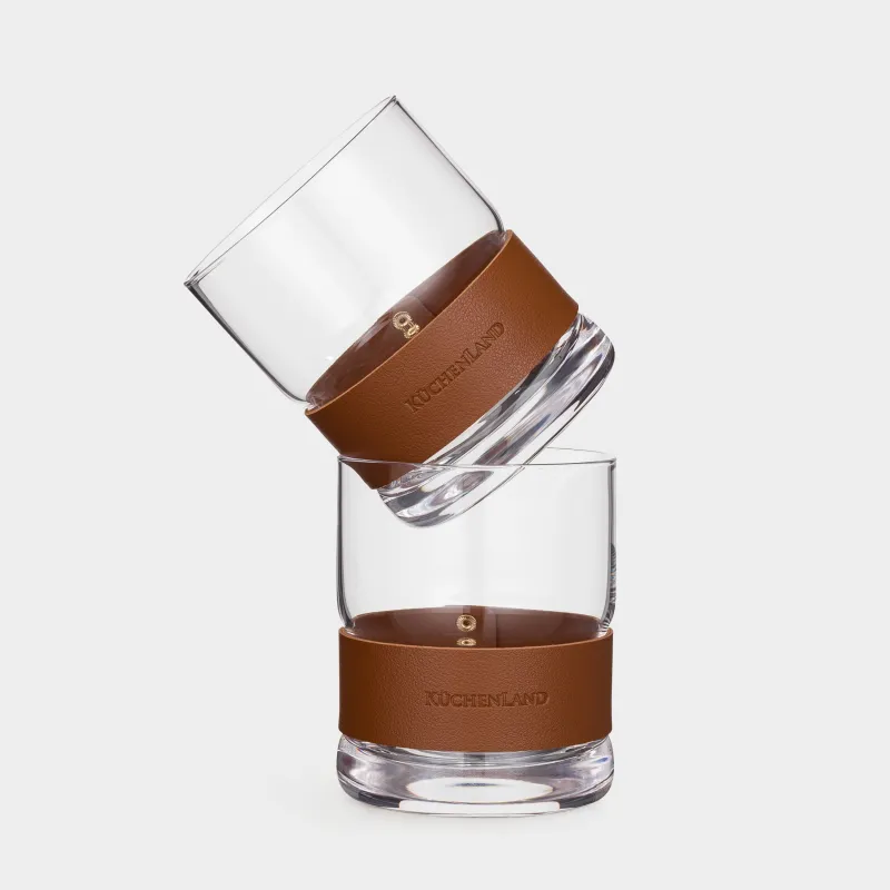 Drinking glass, 10 cm, 390 ml, 2 pcs, glass / PU leather, Clear devo, image-1