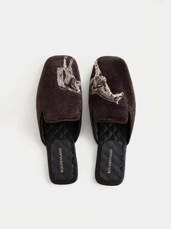 Women's slippers, homewear, size 36-37, velvet / satin / PU leather, brown, Horse, Slippers horse, image-1