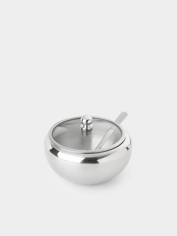 Sugar bowl, 9 cm, 500 ml, with spoon, steel, Classic, image-1