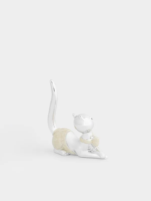 Jewelry holder, 9 cm, Polyresin, Silver, Cat with bow, Cat, image-2