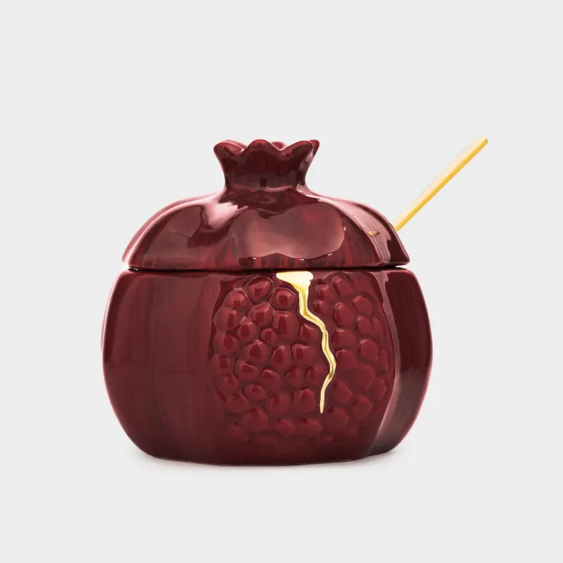 Sugar bowl, 9 cm, 200 ml, with spoon, ceramic / steel, Burgundy, Pomegranate, Pomegranate
