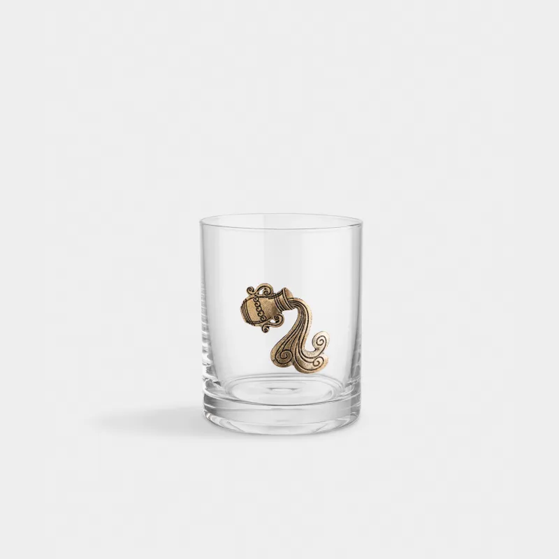 Drinking glass, 10 cm, 340 ml, glass/metal, golden, Aquarius, Zodiac