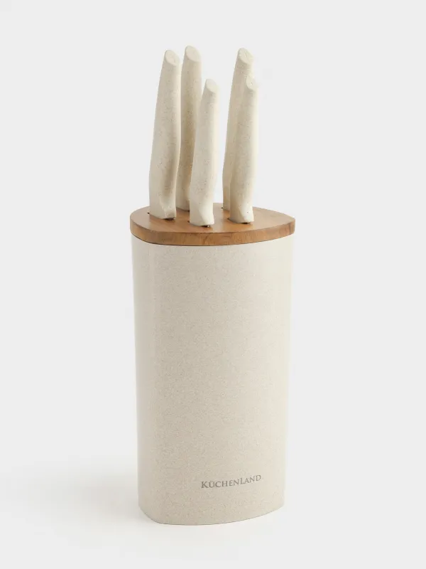 Knife set, 5 items, in stand, steel / plastic / wood, Cream, Major, image-0